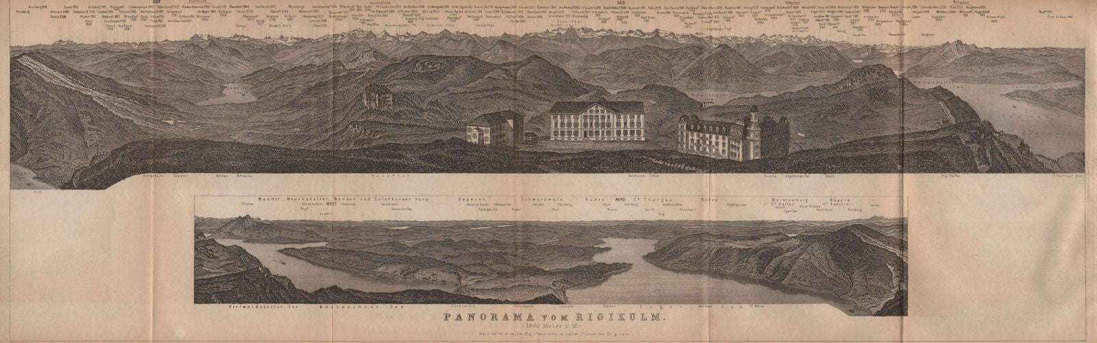 PANORAMA from/von RIGIKULM 1800m. Küssnacht. Switzerland Schweiz 1907 old map